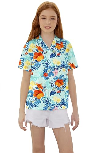 Image of SANGTREE Girls & Women's Hawaiian Shirts Button Down Short Sleeve Floral Tropical Shirt Beach Vacation Blouse Tops