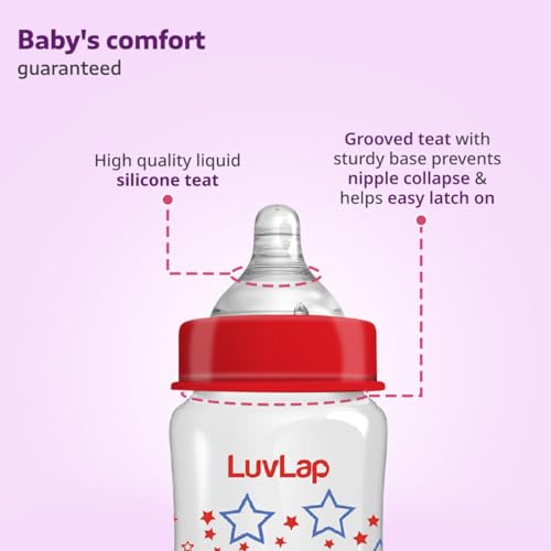 Image of LuvLap Anti-Colic Wide Neck Natura Flo Baby Feeding Bottle, 150ml (Pack of 2), New Born /Infants /Toddler Upto 3 Years, Stars, BPA Free