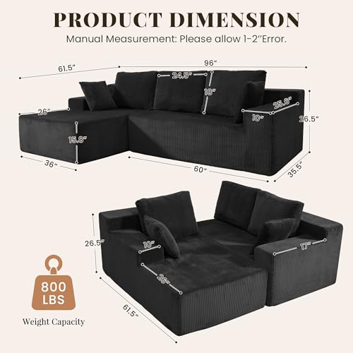 Image of GRUSIGN Cloud Sectional Boneless Couches for Living Room, Modular L Shaped Couch with Deep Seat Oversized Left Facing Chaise, Memory Foam Compressed Spineless 3 Seater Sofa for Apartment, Black