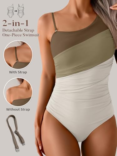 Image of Aidonger One Shoulder One Piece Swimsuit for Women Tummy Control Bathing Suits Color Block Ruched Swim Suit Slimming Swimwear