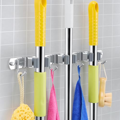 Image of Amazon Basics Broom and Mop Holder Wall Mount | Stainless Steel | 3 Racks & 4 Hooks | Tool Organiser for Kitchen, Bathroom, Garage | 3.8L x 38W x 4.6H cm