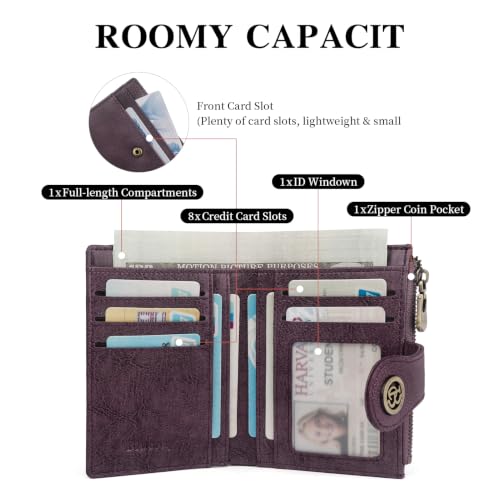 Image of Slim Leather Women's Wallet,Compact Card Holder Wallet(purple) | Small Wallet with RFID Blocking,Zipper Coin Pocket,Top Grain Cowhide Bifold Women's Wallet