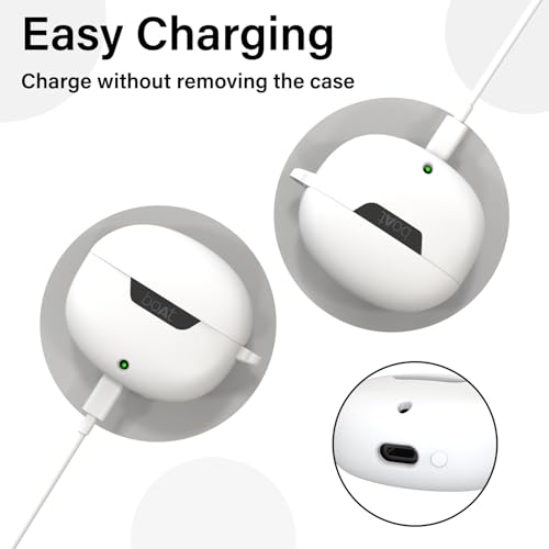 Image of Sounce Earphone Case Cover for Boat Airdopes 300 Premium TWS Soft Silicone Skin Case Cover Shock Absorbing Protective Case with Keychain [Front LED Visible] - White