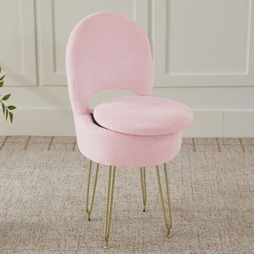 BRIAN & DANY Vanity Chair with Storage and Folding Back, Faux Fur Round Storage Chair, Vanity Stool Chair with 4 Metal Legs for Bedroom, Living Room and Makeup Stations, 13"x 13"x 17.7", Pink