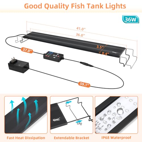 Image of hygger LED Aquarium Light, 36W Full Spectrum Fish Tank Light with Multi-Color Timer DIY Mode 24 /7 Natural Mode Adjustable Brightness, Aquarium Plant Light with Extendable Brackets for 36~41IN Tank