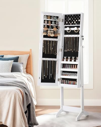 Nicetree Jewelry Cabinet with Full-Length Mirror, Standing Lockable Jewelry Armoire Mirror Organizer, 3 Angel Adjustable, Christmas Gifts, White