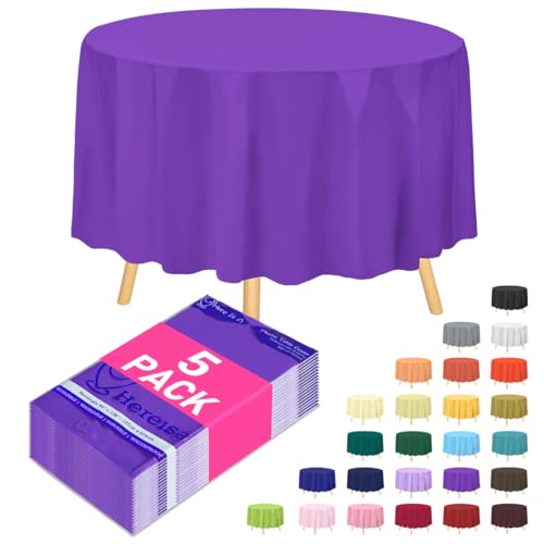 Hereisa Purple Round Disposable Plastic Tablecloth 84 Inch [10-Pack] - Bulk Waterproof Party Supplies, Easy Cleanup