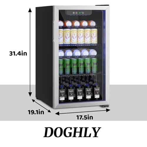 Image of DOGHLY 3.2 Cu.ft Beverage Refrigerator Cooler, 126 Can Mini Fridge with Glass Reversible Door, Digital Temperature Display for Soda, Beer or Wine For Office Bar with Adjustable Removable Shelves