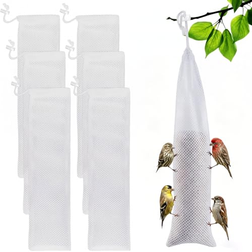 6 Pcs Finch Sock Feeder for Outdoor - Durable Thistle Seed Feeder Sacks with Food Grade Funnels Bird Food Supply Tools for Garden Yard Wild Finch Feeding (3.9 x 15.7 White)