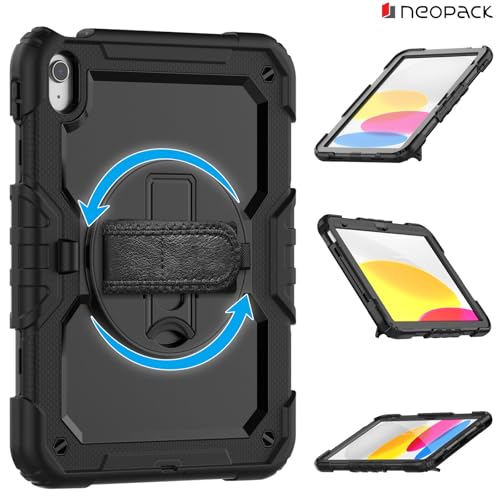 Image of Neopack Military Grade Shockproof Rugged Case with Shoulder Strap & 360 Degree Rotating Stand Compatible with iPad 10.9, Fits: 10th Gen (Black)