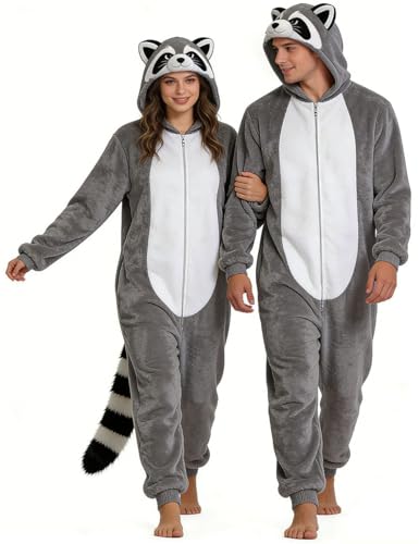LZBXBXDA Raccoon Onesie Adult Arctic Fleece Animal Onesie Cozy Costume Adult for Halloween Cosplay Couple Pajamas