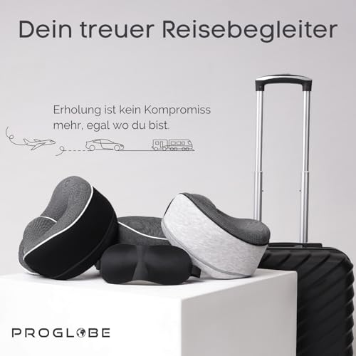 Proglobe Nackenkissen Flugzeug, Reisekissen 100% Memory Foam, Orthopädisches Nackenhörnchen, Für Reisen mit Flugzeug, Auto, Zug, Mit 3D-Schlafmaske, Hochwertige Netztasche (Dunkelgrau)