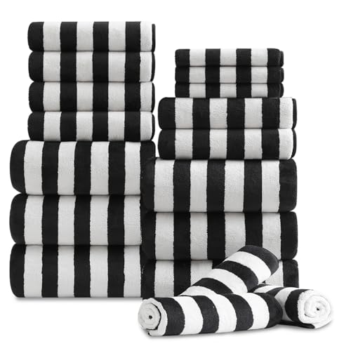 18 Pcs Black White Stripe Bath Towel Set with Hanging Loop-6 Bath Towels 6 Hand Towels 6 Washcloths Soft Family Towels Set Bathroom Towel Highly Absorbent Quick Dry Shower Towel for Beach Spa Gym