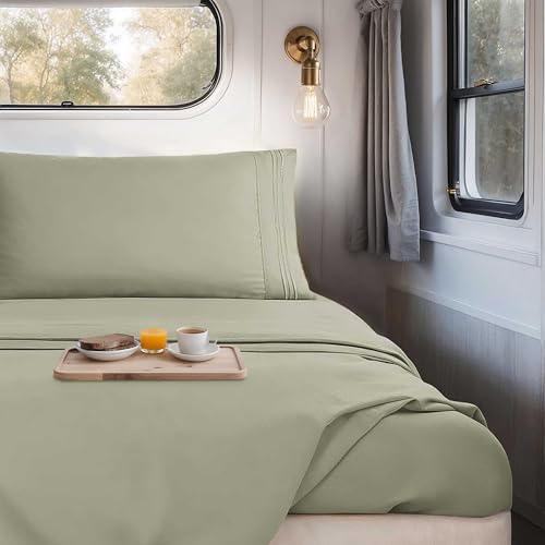 Image of Nestl Light Sage Short Queen Sheets for RV, Hotel Luxury RV Queen Sheets Set, 4 Piece Fitted Bed Sheet Set and Pillowcases, Super Soft, Wrinkle-Free, and Breathable Camper Bedding