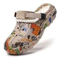SECHRITE Womens Mens Lined Clogs Winter Fuzzy Garden Shoes Graffiti Slip On Breathable Home Sandals Unisex Adult Outdoor Slippers with Adjustable Back Strap Khaki 39-40