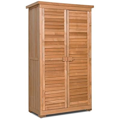 Goplus Outdoor Storage Cabinet, Wooden Storage Shed with Latch, Detachable Shelves & Weather Resistant Pitch Roof, Vertical Garden Tool Organizer for Outside Yard Patio Deck
