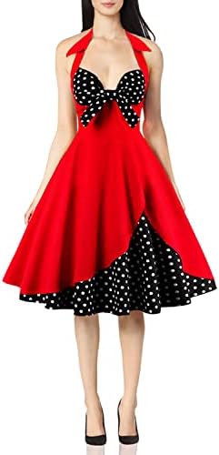 Women Vintage Floral Print Halter Cocktail 1950s Retro Rockabilly Swing Dresses Audrey Hepburn 50's 60's Homecoming Party Gown Red&Polka Dots Black L