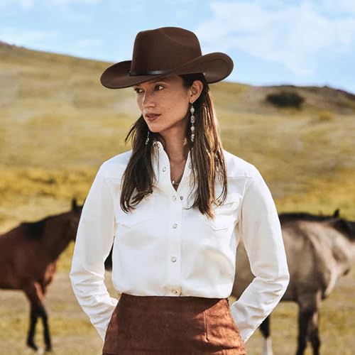Image of Women-Classic-Western-Cowboy-Shapeable-Hat - Men-Roll-Up-Wide-Brim-Felt-Fedora-Hats-Cowgirl-Hat with Belt Buckle(M-L)