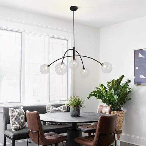 Image of Mid Century Modern Sputnik Chandelier Adjustable 5 Light Pendant Light Fixture Clear Glass Black Ceiling Chandelier for Dining Room Kitchen Bedroom