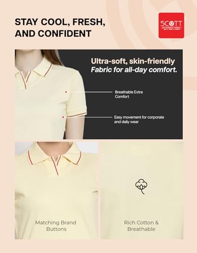 Image of Scott International Women's Cotton Polo T-Shirt | Half Sleeve Plain Collar Tee | Stylish Casual Top | Plain T-Shirt for Girls | Workwear for Office & Casual Wear