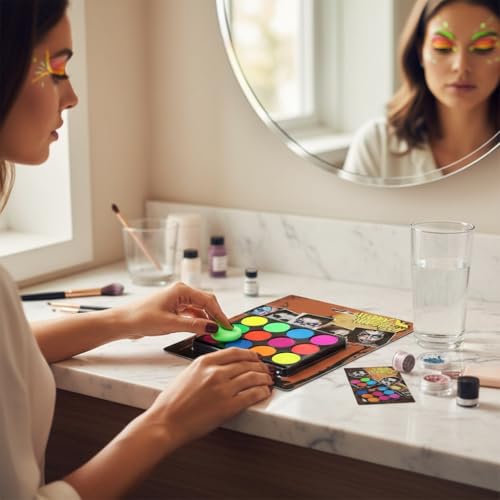 Image of Face & Body Paint Oil Palette - 12 Neon Colours Professional Makeup Kit for Kids & Adults | Non Toxic, Safe, Waterproof Body Paint for Halloween, Costume, SFX, Tattoo, Party, Festival, Fancy Dress