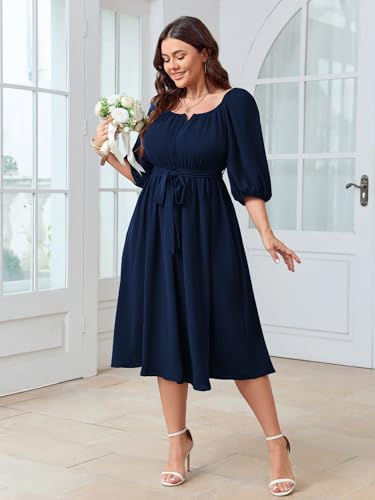 SCOMCHIC Women Plus Size Midi Dresses Puff Short Sleeve Square Neck Wedding Guest Elegant Flowy Belted A Line Dress2