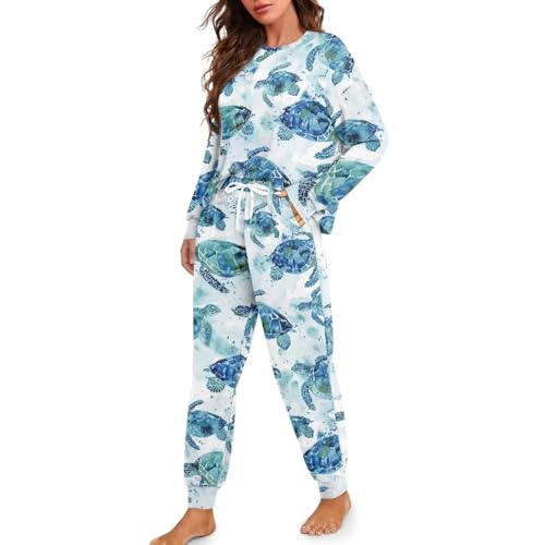 Image of Womens Lounge Set Long Sleeve Soft Pajama Sets | Casual 2 Piece Pj Outfit, Crewneck Sleepwear with Pockets, Adjustable Drawstring, Soft Comfy Fall Pajamas, Plus Size