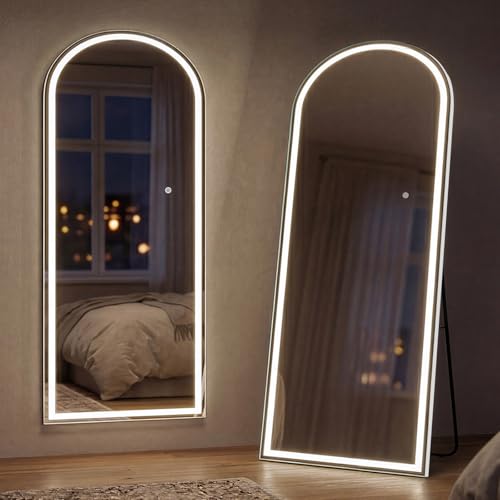 Yezi LED Full Length Mirror 140x50cm Standing/Wall Mounted Arched Full Body Mirror with Lights 3 Color Lighting & Dimmable Brightness HD Tempered Glass Floor Mirror for Bedroom Dressing Room