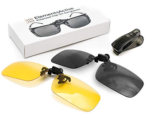 ElementsActive Polarized Clip On Sunglasses for Driving with UV Protection and Convenient Flip Up Extra Hidden Clips - Large Lens - Double Combo Set