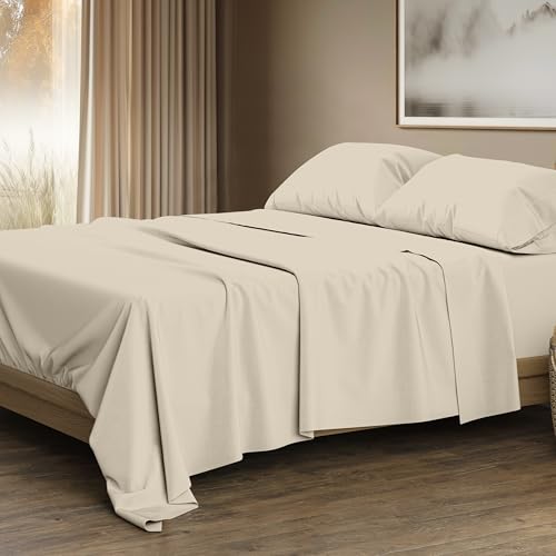 Image of THREAD SPREAD 100% Egyptian Cotton King Size Sheets Set - Luxury 1500 Series Egyptian Cotton Sheets King Size, 17 inch Deep Pocket, Soft, Cooling Sateen Weave Hotel Quality Bedding Set - Beige