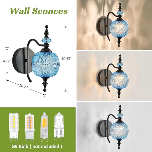 Image of Vintage Wall Sconces with Black Finish Bathroom Blue Wall Light Fixtures with Crystal Glass Shade for Bedroom Living Room Kitchen Hallway