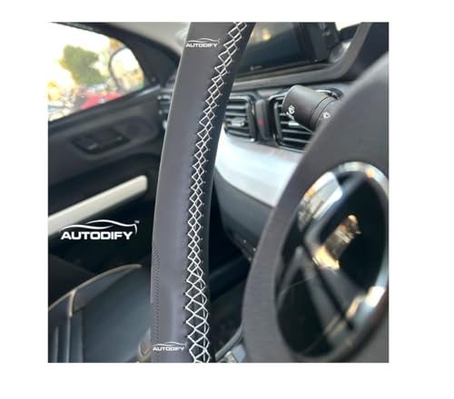 Image of Black with White Stitch Leather Steering Wheel Cover Universal Fit Anti Slip Breathable Comfortable Grip Durable & Stylish for Cars Easy Install Long Lasting ProtectionNon SlipDesign.