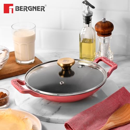 Image of BERGNER Excalibur Lightweight Cast Iron Appachetty with Lid 22cm (1L), Non-Stick Coating, PFAS Free, Perfect Heat Distribution, Elegant Design, Silicone Grips - Induction and Gas Stove Ready (Pink)