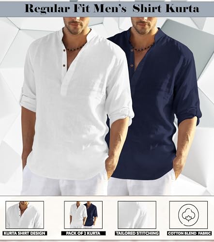 Image of Zombom Men's Combo Cotton Polyester Blend Solid Full Sleeve Straight Regular Fit Mandarin /Chinese Collor Kurta (Pack of 2)