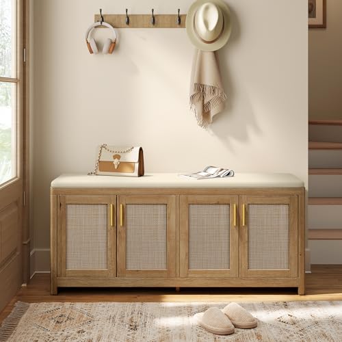 VASAGLE ELLAN Collection - Boho Shoe Bench with Cushion Entryway Storage Bench with 4 Rattan-Look Cabinet Doors Rounded Corners Adjustable Shelf for Bedroom Under Window Natural Brown ULSB502KC01