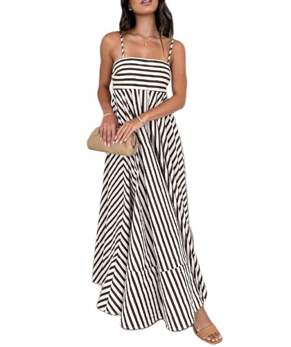 Image of Women Striped Maxi Dress Smocked Backless Spaghetti Strap Long Flowy Dress Sleeveless Boho Aline Sundress