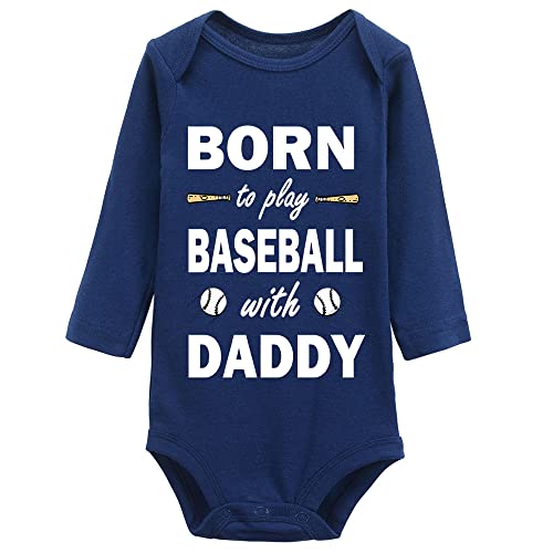 Image of Born to Play Baseball with Daddy Funny Long Sleeve Baby Birth Announcement Bodysuit