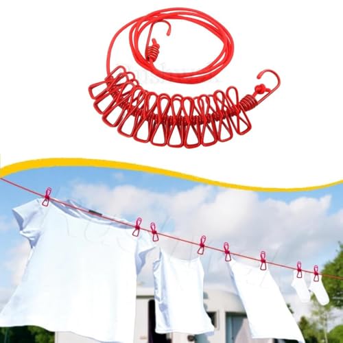 Image of Rushwak Cloth Drying Rope with Hooks (Pack of 1) Elastic Cloth Hanging Rope for Cloth Drying with 12 Clips Cloth Rope for Drying Clothes for Travel Home Outdoor Kapde Sukhane ki Rassi Wire -Multicolor