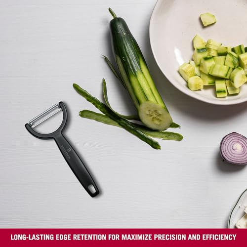 Image of Victorinox Swiss Made Stainless Steel Swiss Classic Ypso Peeler, Serrated Double Edge Peeler for Professional and Household Kitchen, Black, Long Fruit & Vegetable Peeler | 6.0963.3