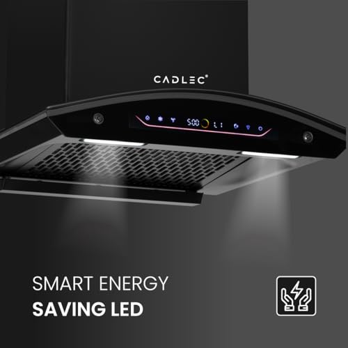 Image of Cadlec CurveFlow 60cm 1800m /hr BLDC Filterless Auto Clean Curved Glass Kitchen Chimney | Built-in Oil Collector | Touch & Gesture Control | Turbo Mode | 20Y Motor & 5Y Comprehensive Warranty | Black