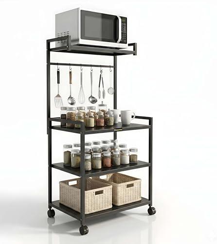 Image of 4 Tier Heavy Duty Microwave Stand with Wheels | Metal Kitchen Appliance Rack for Oven, OTG, Air Fryer | Storage Organizer Trolley (MS 4 Black)