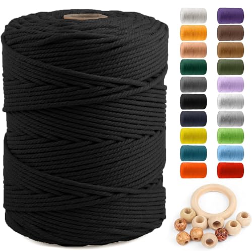 Image of ZUEXT Macrame Cord, Black, 5mm x 328yds Cotton String Macrame Yarn