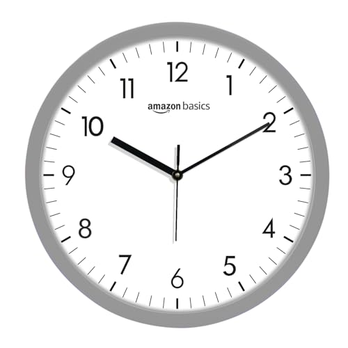 Image of Amazon Basics Traditional Wall Clock, Nickel, 30.4 cm | Analog Operation | Durable & Lightweight Construction with Metal Rim | Silent Precision | Battery-Powered | 1-Year Limited Warranty
