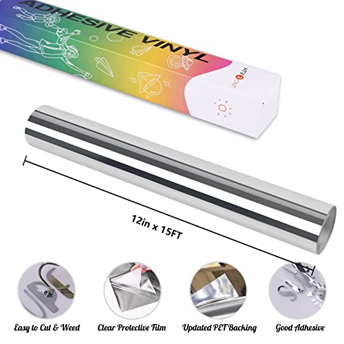 Htvront Silver Chrome Vinyl - 12" X 15Ft Mirror Metallic Silver Permanent Vinyl Roll For Cricut - Easy To Cut & Weed & Transfer Craft Adhesive Vinyl For Craft, Signs, Scrapbooking #TOP1