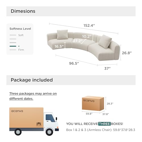 Image of Acanva Formia Boucle Curved Sectional Sofa, 3 Armless Chairs, White