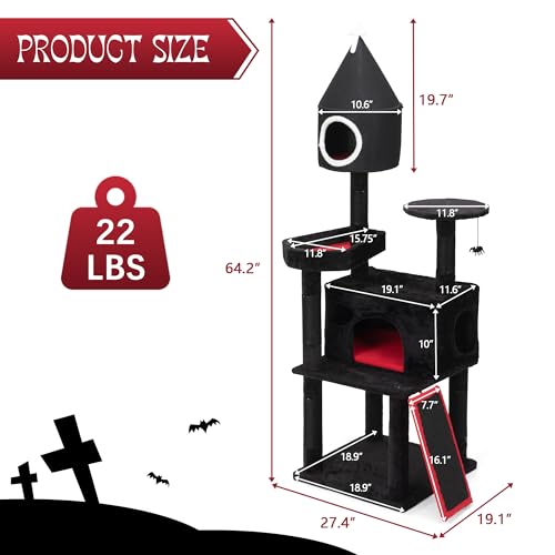 Árbol para gato gótico 64'' negro y rojo con cama ataúd miniatura 6