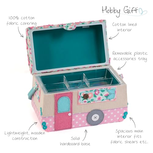 Image of Hobby Gift Caravan Sewing Box Craft Storage Basket with Handle Internal Accessories Tray for Sewing Knitting and Hobby Supplies