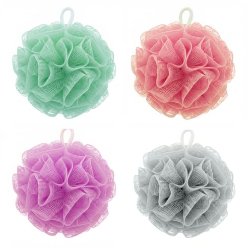 Elysium Spa Pack of 4 Mesh Exfoliating Bath & Shower Body Puff Sponges | Loofah Sponge For Showers Baths To Exfoliate Scrub Wash Skin - Bathing Scrubber Poufs (Rose Seafoam Mauve & Grey)