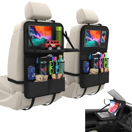 Car Backseat Organizer, 11-Pocket Storage with Tablet Holder, Back Seat Organizer with Tray & Detachable Top for Steering Wheel, Protector Kick Mats for Kids, Travel Accessories (2 Pack)