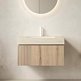 YSJZYBF Bathroom Vanity with Sink 30 Inch, Floating Bathroom Vanity Sink Cabinet with Drawer and Door, Undermount Sink & Travertine-Pattern Sintered Stone Top, Pre-Assembled, White Oak